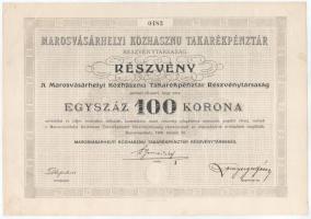 Marosvásárhely 1909. "Marosvásárhelyi Közhasznú Takarékpénztár Részvénytársaság" részvénye 100K-ról, "0483", szárazpecséttel szelvényekkel T:AU Hungary 1909 Marosvásárhely (Târgu Mureş) "Marosvásárhely Public Savings Bank Limited Liability Company" share of 100 Korona, "0483", with dry seal and coupons C:AU