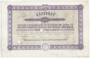 Nagyvárad 1911. "Egyesült Biharmegyei Kereskedelmi Bank és Központi Takarékpénztár Részvénytársaság Nagyváradon" részvénye szelvényekkel, lyukasztásokkal érvénytelenítve, bélyegzésekkel T:AU Hungary 1911. Nagyvárad (Oradea) "United Bihar County Commercial Bank and Central Savings Bank Limited Liability Company in Nagyvárad" shares with coupons, voided with perforations, with stamps C:AU