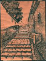 Répási Károly (XX. sz. első fele): Tabáni részlet. Tus, papír, jelzett. Szélén sérült. 29x22 cm.