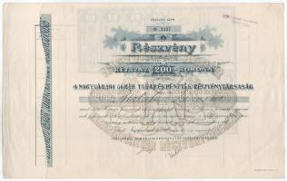 Nagyvárad 1910. "Nagyváradi Agrár Takarékpénztár Részvénytársaság" névre szóló részvénye 200K-ról, szelvényekkel, bélyegzéssel T:XF Hungary 1910. Nagyvárad (Oradea) "Nagyvárad Agricultural Savings Bank Limited Liability Company" shares of 200 Korona, with coupons, stamped C:XF