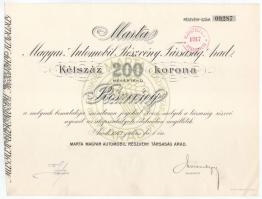 Arad 1913. "Martal Magyar Automobil Részvénytársaság" részvénye 200K-ról, szárazpecséttel, bélyegzéssel T:AU Hungary 1913. Arad "Martal Hungarian Automobile Joint Stock Company" share of 200 Korona, with embossed stamp, stamped T:AU