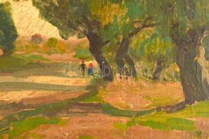 Zombory Lajos (1867-1933): Alföldi táj sétálókkal. Olaj, karton, jelezve jobbra lent. Hátoldalán Zom...