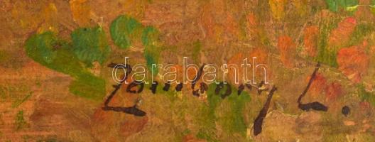 Zombory Lajos (1867-1933): Alföldi táj sétálókkal. Olaj, karton, jelezve jobbra lent. Hátoldalán Zom...