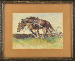 Mühlbeck Károly (1869-1943): Szántó lovak, 1940. Akvarell, papír, jelzett. Dekoratív, üvegezett, kopott fakeretben, 20x28 cm
