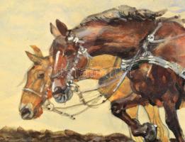 Mühlbeck Károly (1869-1943): Szántó lovak, 1940. Akvarell, papír, jelzett. Dekoratív, üvegezett, kop...