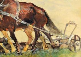 Mühlbeck Károly (1869-1943): Szántó lovak, 1940. Akvarell, papír, jelzett. Dekoratív, üvegezett, kop...