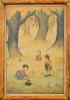 Olvashatatlan jelzéssel: Gombaszedő kislányok. Ceruza, akvarell, papír. Dekoratív, üvegezett fakeretben, 21x14 cm