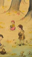 Olvashatatlan jelzéssel: Gombaszedő kislányok. Ceruza, akvarell, papír. Dekoratív, üvegezett fakeret...