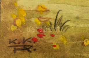 Olvashatatlan jelzéssel: Gombaszedő kislányok. Ceruza, akvarell, papír. Dekoratív, üvegezett fakeret...