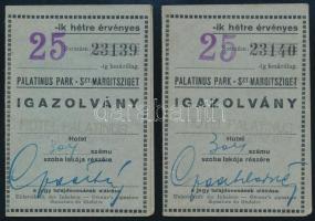 cca 1920 Szent Margitsziget, Palatinus Park igazolvány, 2 db sorszámkövető