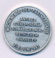 Németország 1991. "Partnervárosok hétvégéje - Antibes - Székesfehérvár - Schwäbisch Gmünd - Betlehem - Barnsley 1991. június 7-9." kétoldalas, ezüstpatinázott bronz emlékérem (42,5mm) T:AU Germany 1991. "Wochenende der Partnerstadte - Antibes - Székesfehérvár - Schwabisch Gmünd - Bethlehem - Barnsley 7.-9. Juni 1991" (Twin Towns Weekend) two-sided, silver-plated bronze commemorative medallion (42,5mm) C:AU