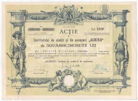 Románia 1943. Nagyszeben "Albina Hitel- és Takarékintézet" öt darab névre szóló részvénye egyben, összesen 2500L-ről, szárazpecséttel, bélyegzésekkel T:AU