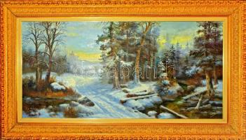 Czinege iskola jelzéssel: Téli táj. Olaj, farost. Dekoratív fakeretben, 75x154 cm. KIZÁRÓLAG SZEMÉLYES ÁTVÉTEL, NEM POSTÁZZUK! / ONLY PERSONAL COLLECTION AT OUR OFFICE