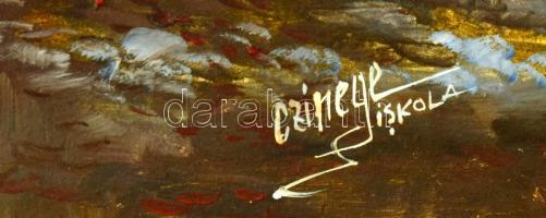 Czinege iskola jelzéssel: Téli táj. Olaj, farost. Dekoratív fakeretben, 75x154 cm. KIZÁRÓLAG SZEMÉLY...