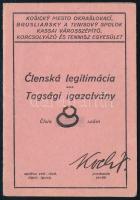 1937 Kassa, Kassai Városszépítő, Korcsolyázó és Tennisz Egyesület tagsági igazolványa