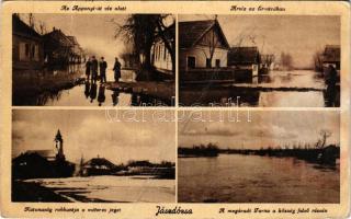 1943 Jászdózsa, Apponyi út víz alatt, Árvíz az Ér utcában, Katonaság robbantja a méteres jeget, a megáradt Torna a község felső részén. Kiadja Breznyák Gáborné (r)