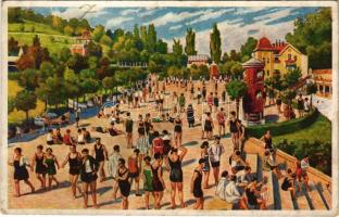 Budapest III. Csillaghegyi Árpád fürdő, 23 C-os rádiumos forrásvíz, strand, park, sétány, szálloda és étterem, hátoldalon reklám. Löbl D. és fia kiadása (fl)