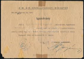 1944 Bp., M. Kir. Közellátásügyi Miniszter által kiállított igazolás az I. hadtest területén való szabad tartózkodáshoz