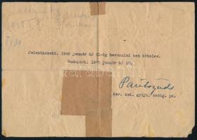 1944 Bp., M. Kir. Közellátásügyi Miniszter által kiállított igazolás az I. hadtest területén való sz...