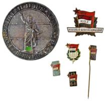 1957. (Kommunista Ifjúsági Szövetség) "1919-1957 KISZ Ifjuság a szocializmusért" zománcozott bronz jelvény (25x32mm) + 1968. "KISZ" műgyantás bronz jelvény (10x13mm) + 1969. "KISZ" részben aranyozott, műgyantás bronz jelvény (10x13mm) + 1970. "KISZ" műgyantás bronz jelvény (10x13mm) + DN "KISZ 10" részben aranyozott, műgyantás bronz jelvény (11x15mm) + 1978. "Forradalmi Ifjúsági Napok" részben festett bronz lemezkitűző (51mm) T:XF,VF, egyiken pótolt tű, festés majdnem teljesen lekopott