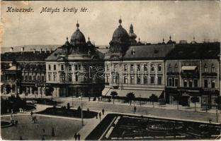 Kolozsvár, Cluj; Piata Unirii / Mátyás király tér, Erdélyi Bank, Haraszthy Jenő üzlete, drogéria / square, bank, shops (b)