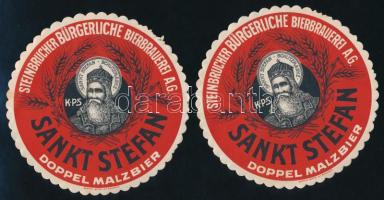 2 db Kőbányai Polgári Serfőző Rt. Szent István dupla malátasör német nyelvű reklám címke, Bp., Grafikai Intézet R.T.-ny., d: 12,5 cm