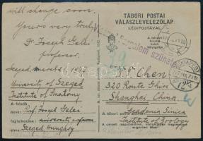 1947 Levelezőlap Szegedről Kínába "Vissza! Forgalom szünetel" bélyegzéssel