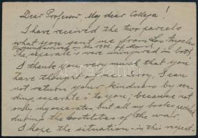 1947 Levelezőlap Szegedről Kínába "Vissza! Forgalom szünetel" bélyegzéssel