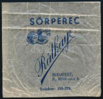 Rátkay sörperec (Bp., II., Retek u. 4.) reklám tasak, kissé viseltes, 15x15 cm