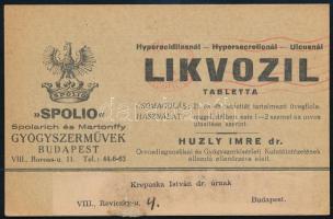 1932 Bp., a Budapesti Kir. Orvosegyesület XXIV. rendes tudományos ülésének meghívója, másik oldalán "Spolio" Spolarich és Martonffy Gyógyszerművek reklámjával