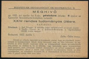 1932 Bp., a Budapesti Kir. Orvosegyesület XXIV. rendes tudományos ülésének meghívója, másik oldalán ...