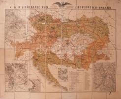 1876 K. K. Militärkarte von Oesterreich-Ungarn. Entworfen von Khoss v. Sternegg, K. K. Major. Fünfte vollstandig neu bearbeitete Auflage. Teschen, 1876., Verlag der Buchandlung für Militarliteratur von Karl Prochaska,(F. A. Brockhaus' Geogr.-artist. Anstalt.-ny.), nagyméretű színes, kőnyomatú térkép, vászonra kasírozva, foltos, a sarkain lyukakkal, a szelvényeken 4-5 helyen sérüléssel, 69x86 cm. Az Osztrák-Magyar Monarchia katonai térképe, rajta a XVI katonai parancsnokság, 6 kisebb méretű fekete-fehér térképe, (Bécs és környéke, Budapest és környéke, Prága és környéke, Trieszt, Pula, Fiume városok térképei), rajta a 80 katonai ezred állomáshely megjelölésével, vasútvonalak, laktanyák, várak, erődök, erődítmények, kastélyok, gátak, víztározók, hágók, átjárók, szorosok jelölésével. A katonai egységek nemzetiségek (szláv, német, magyar, román) szerinti feltüntetésével. Ritka!