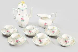 Óherendi bécsirózsás mokkás / kávés készlet. Jelzett, rózsafogó sérült, cukortartó hiánnyal, egyik csészén mázhibával.