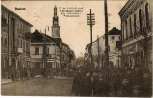 Radom, Ecke Lubliner und Warschauer Strasse / Rog Lubelskiej i Warszawskiej / street, shops + "Kommando der Heeresbahnstation JEDLNIA" "K.u.k. Militärzensur Oswiecim" (fl)