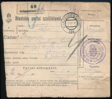 1915 Hivatalos postai szállítólevél magyar-osztrák begyes bérmentesítéssel / Official parcel card wi...