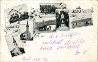 1901 Izsák, indóház, vasútállomás, gőzmozdony, vonat, Városháza, Mária szobor, Református és katolikus templom, Piac tér, Izsák László vendégfogadója, Izsák József üzlete és saját kiadása. Art Nouveau, floral (EB)