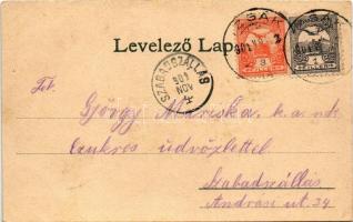 1901 Izsák, indóház, vasútállomás, gőzmozdony, vonat, Városháza, Mária szobor, Református és katolik...