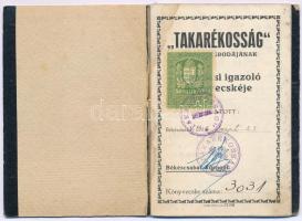 1932. Békéscsaba ",,TAKARÉKOSSÁG'' központi irodájának vásárlási könyvecskéje" könyvecske száma: 3031. Névre szólóan kitöltve, klf leírásokkal, feljegyzésekkel + 1920. 50f illetékbélyeggel + 1943. "Továbbvásárlási lap" kitöltve. T:VF, ázásfolt