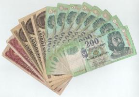 Vegyes, 13db-os magyar bankjegy tétel, benne: 1983-1989. 50Ft (2xklf,3db) + 1992-1993. 100Ft (2xklf) + 2005-2007. 200Ft "FB" (6x) + 2006. 200Ft "FA" + 2007. 200Ft "FC" T:VG,G, közte F