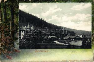 Iglófüred, Bad Zipser Neudorf, Spisská Nová Ves Kupele, Novovesské Kúpele; fürdő látképe. Wlaszlovits G. kiadása. Szecessziós erdős keret / spa. Art Nouveau forest frame (EK)