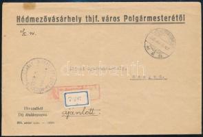 1945 jan. 5 Hivatalból díjátalányozott szükségragjegyes ajánlott levél Hódmezővásárhelyről Szegedre