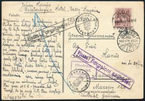 1942 Lengyel internált cenzúrázott levelezőlapja Balatonboglárról a Főkormányzóságba, a forgalom szünetelése miatt visszaküldve