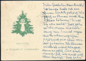 1944 dec. 24 Cenzúrás ajánlott karácsonyi üdvözlőlap Münchenbe, a forgalom szünetelése miatt visszak...