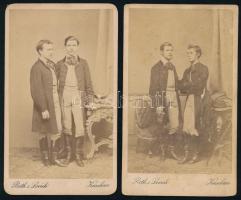 cca 1865-1870 Elegáns fiatal férfiak portréi, 2 db vizitkártya Roth és Lovich kassai műterméből, kissé viseltes állapotban, az egyik sérült verzóval, 10,5x6 cm (Ritka!)