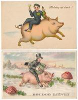 1 db RÉGI + 1 db MODERN újévi üdvözlőlap, közte litho malaccal és gombával / 1 pre-1945 and 1 modern New Year greeting art postcards: litho with mushroom and pig