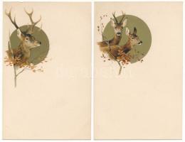 2 db RÉGI őz és szarvas vadászati művészlap, aranyozott litho / 2 pre-1945 deer gilded litho art postcards, hunting