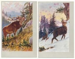 2 db RÉGI őz és szarvas vadászati művészlap / 2 pre-1945 deer art postcards, hunting