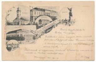 1900 Karcag, Református templom, Bírósági palota, Artézi kút, gimnázium, városháza, Gőzfürdő. Sződi S. kiadása. Art Nouveau, floral (gyűrődések / creases)