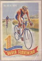 1954 Szlovák biciklisverseny plakátja, hátoldalán alkalmi bélyegzéssel / POster of Slovakian cycle-contest with special cancellation 15x22 cm