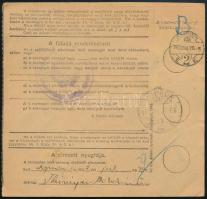 1943 Szállítólevél "NAGYPÁLL" postaügynökségi bélyegzéssel / Parcel card with postal agenc...